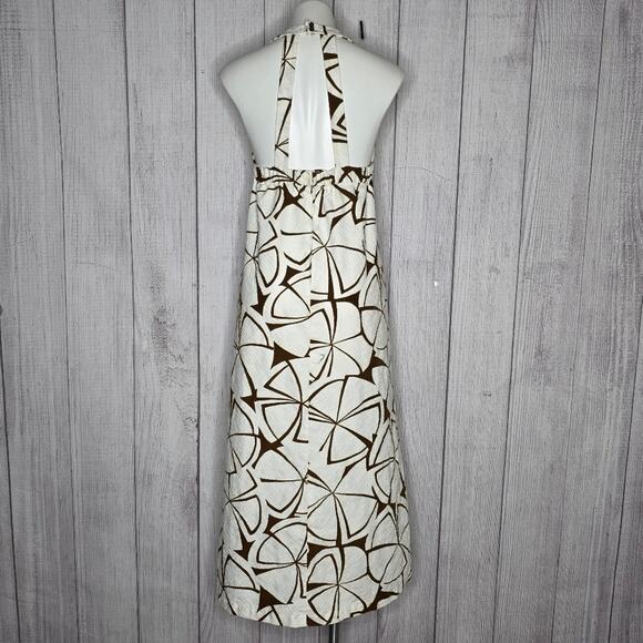 VTG Handmade Brown/White Abstract Floral Open Back Maxi Halter Dress, sz Small - Picture 4 of 7